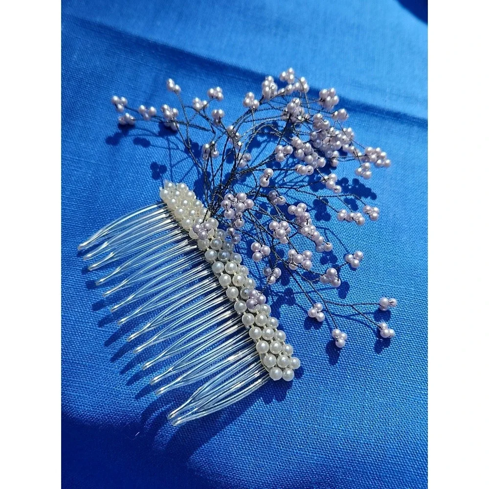 Vintage Pearl Spray Hair Comb Bridal‎ Baby's Breath Headpiece Wedding Lavender